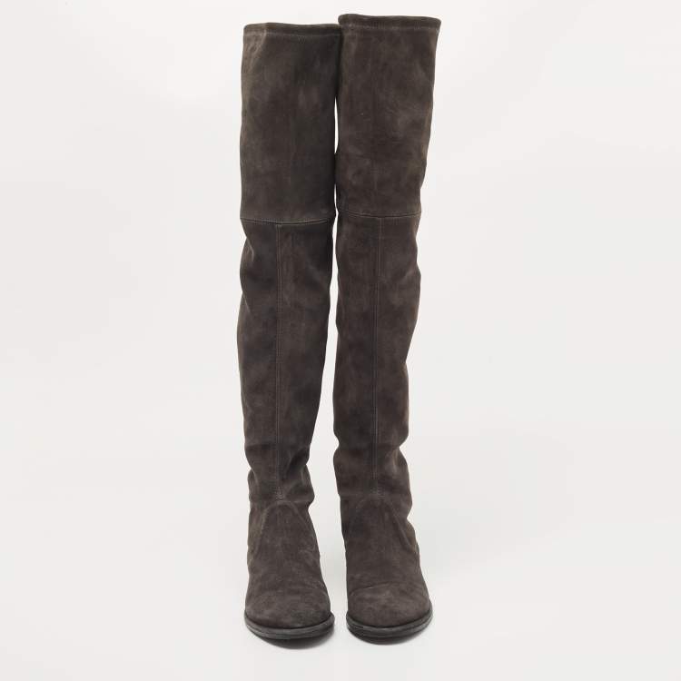 Pre Owned Stuart Weitzman Dark Grey Suede Lowland Over The Knee Boots Size 38