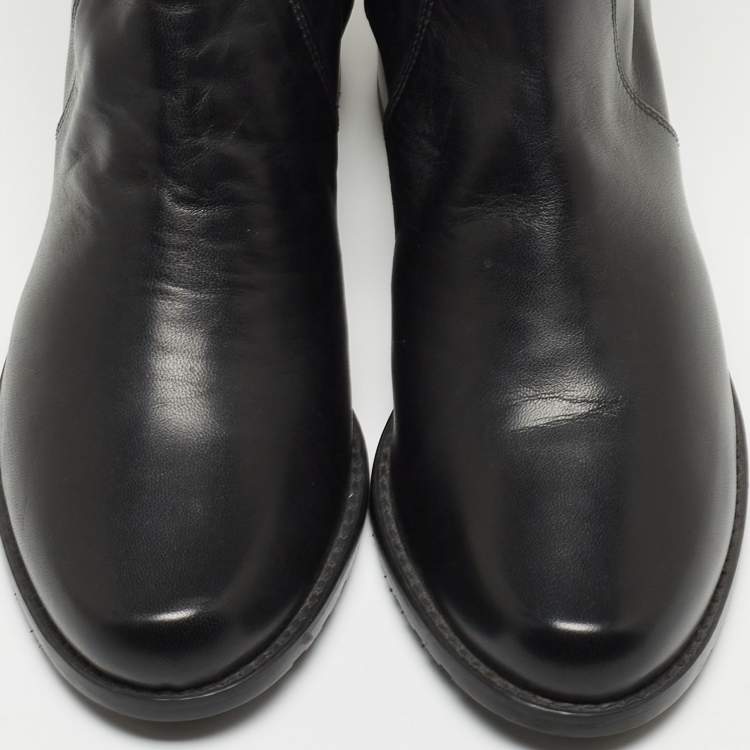 Pre Owned Stuart Weitzman Black Leather and Fabric Thigh High Boot Size 35