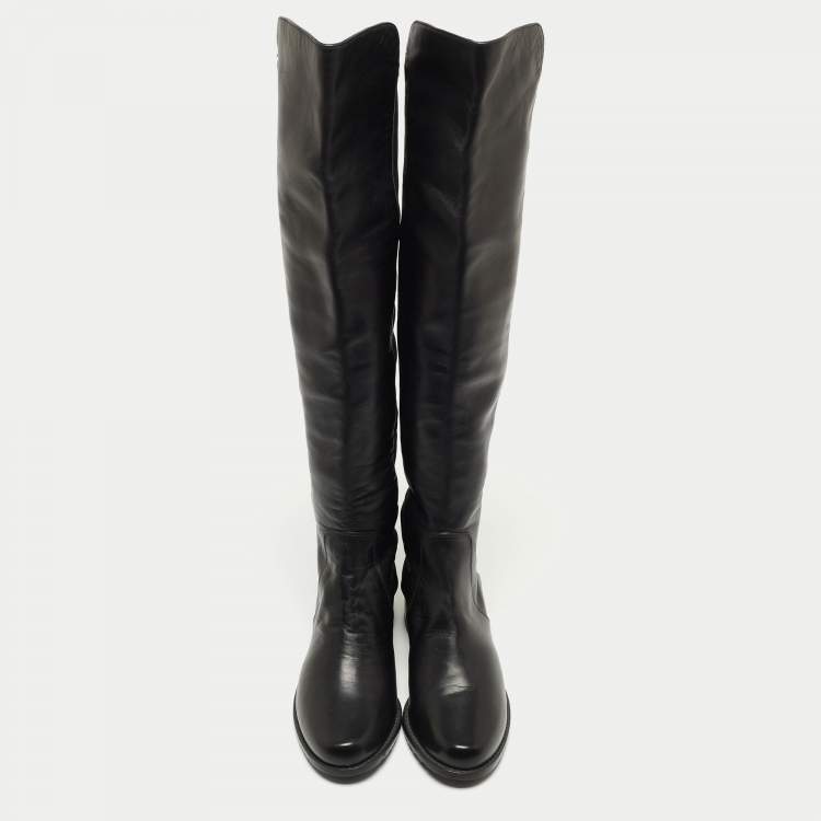 Pre Owned Stuart Weitzman Black Leather and Fabric Thigh High Boot Size 35