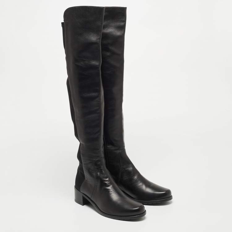 Pre Owned Stuart Weitzman Black Leather and Fabric Thigh High Boot Size 35