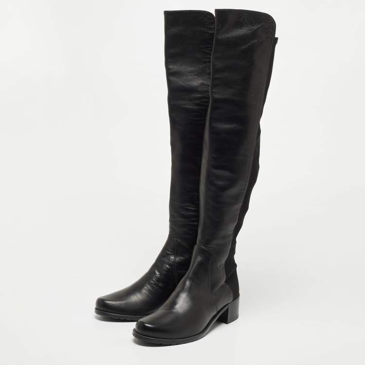 Pre Owned Stuart Weitzman Black Leather and Fabric Thigh High Boot Size 35