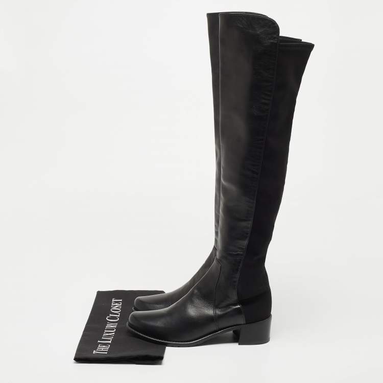 Pre Owned Stuart Weitzman Black Leather and Fabric Thigh High Boot Size 35