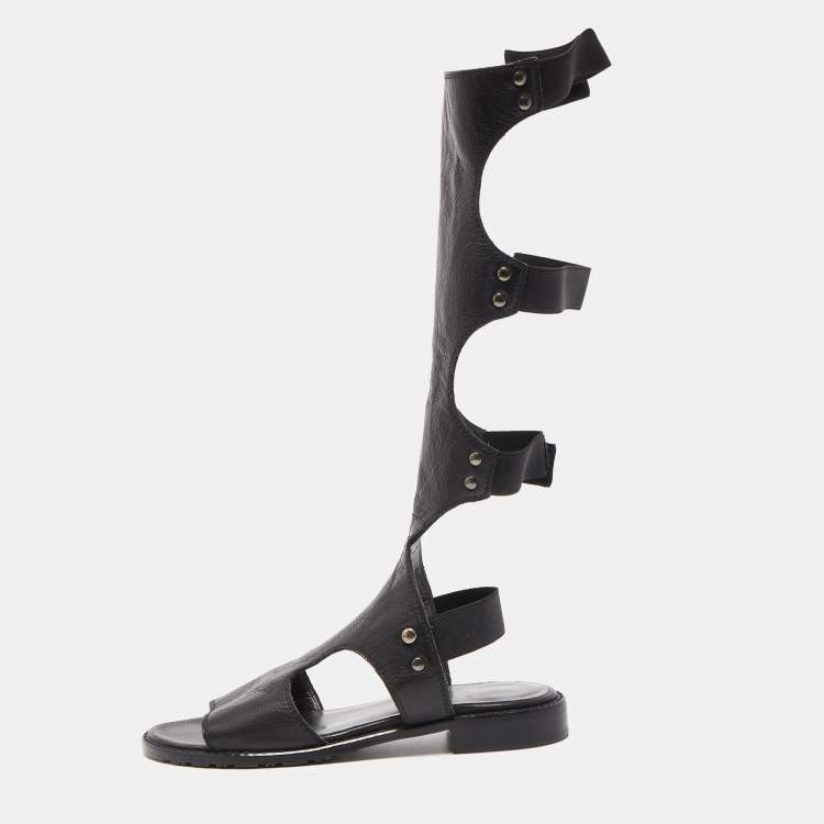 Pre Owned Stuart Weitzman Black Leather Gladiator Backview Sandals Size 35