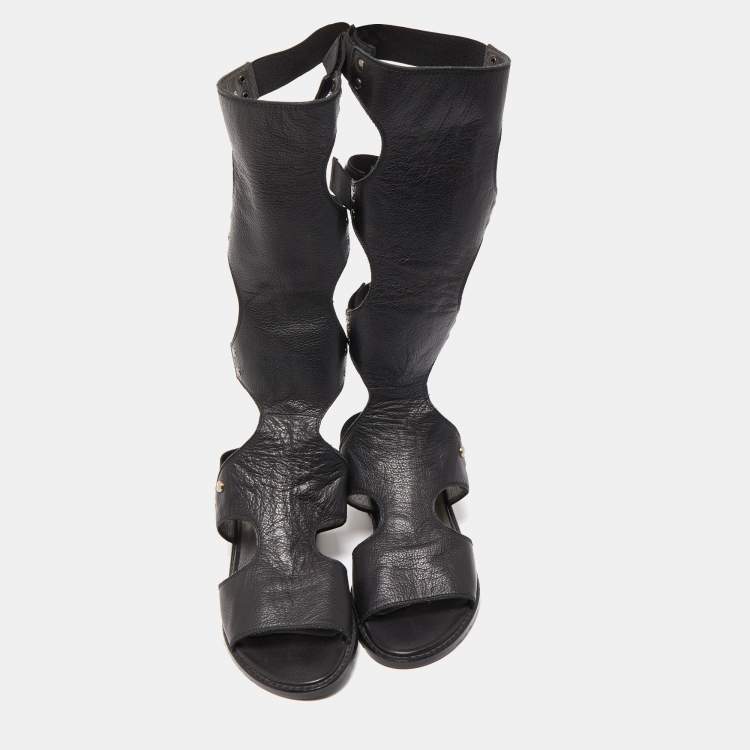 Pre Owned Stuart Weitzman Black Leather Gladiator Backview Sandals Size 35