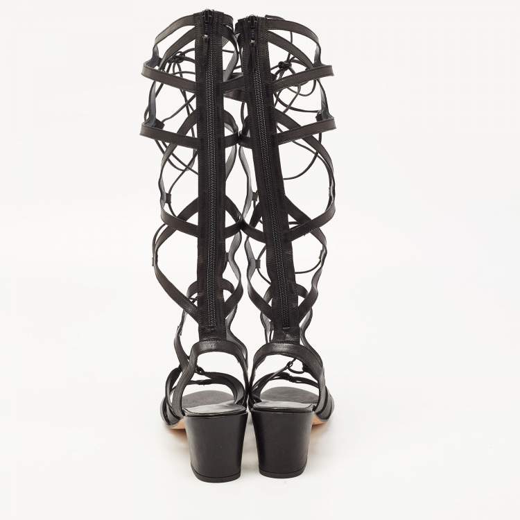 Pre Owned Stuart Weitzman Black Leather Gladiator Ankle Wrap Sandals Size 39
