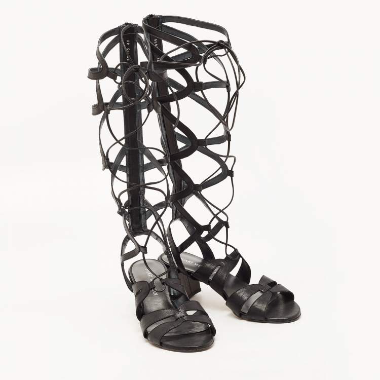Pre Owned Stuart Weitzman Black Leather Gladiator Ankle Wrap Sandals Size 39