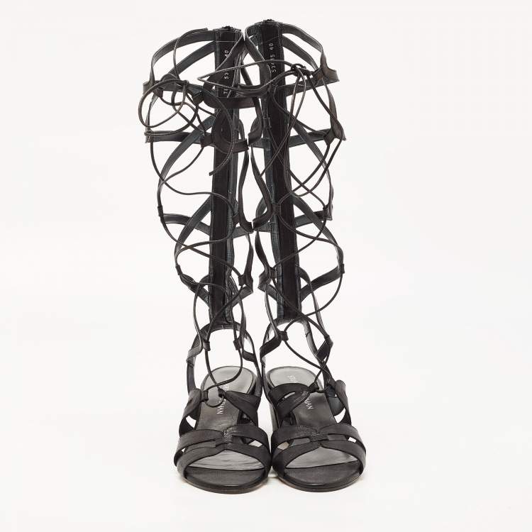 Pre Owned Stuart Weitzman Black Leather Gladiator Ankle Wrap Sandals Size 39