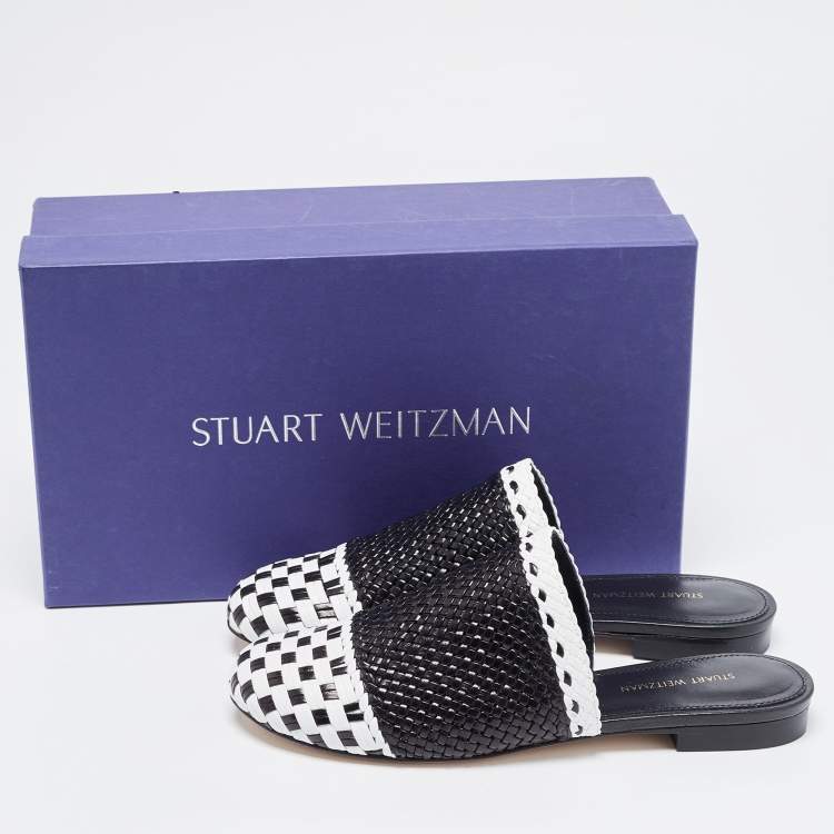 Pre Owned Stuart Weitzman Black/White Woven Leather Indiana Flat Mules Size 36