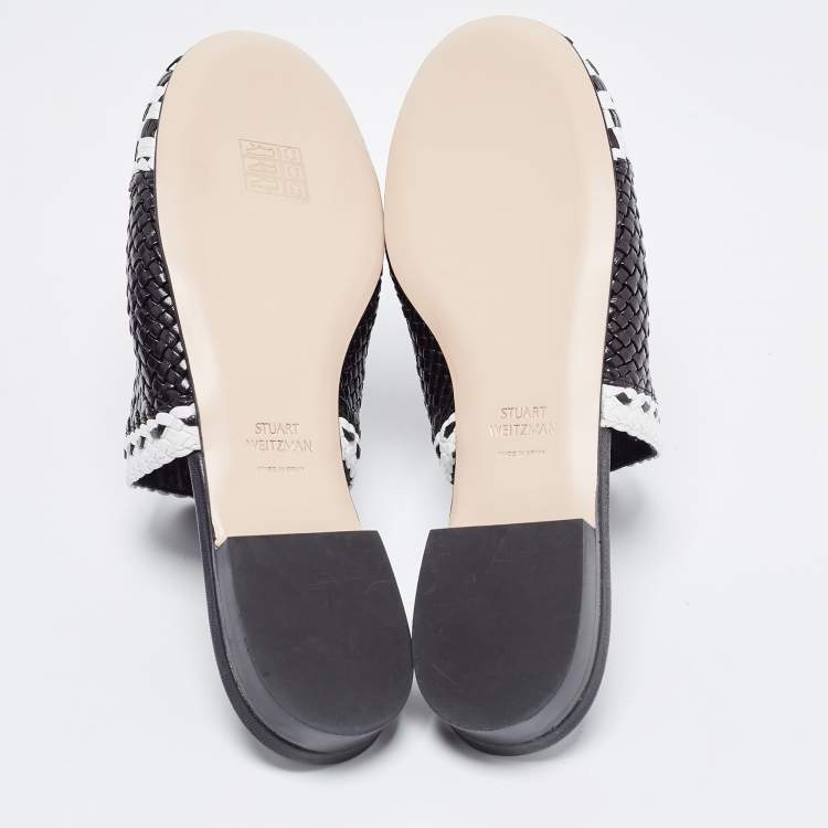 Pre Owned Stuart Weitzman Black/White Woven Leather Indiana Flat Mules Size 36