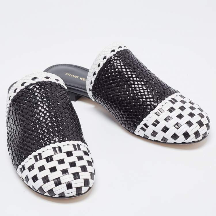 Pre Owned Stuart Weitzman Black/White Woven Leather Indiana Flat Mules Size 36