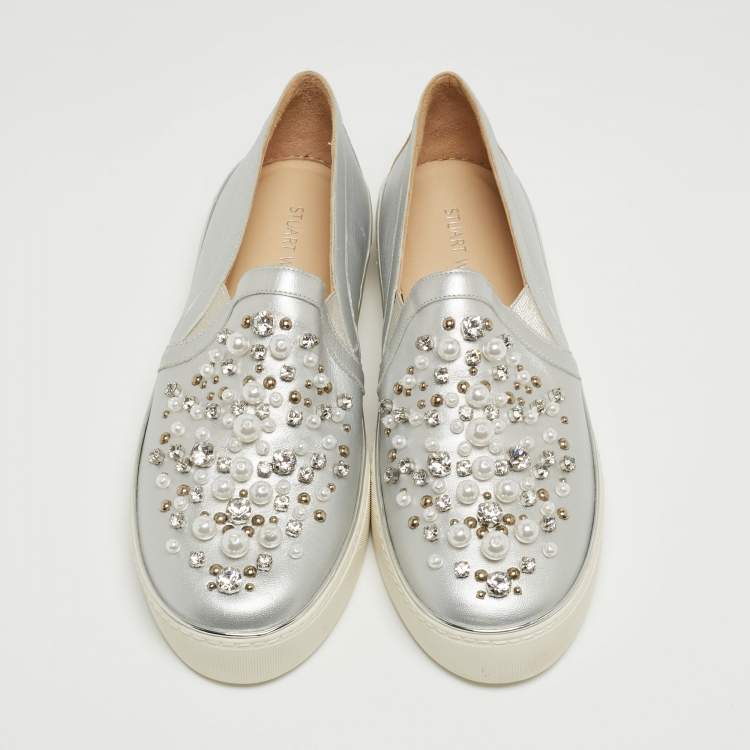 Pre Owned Stuart Weitzman Silver Leather Faux Pearl and Crystal Embellished Slip On Sneakers Size 42