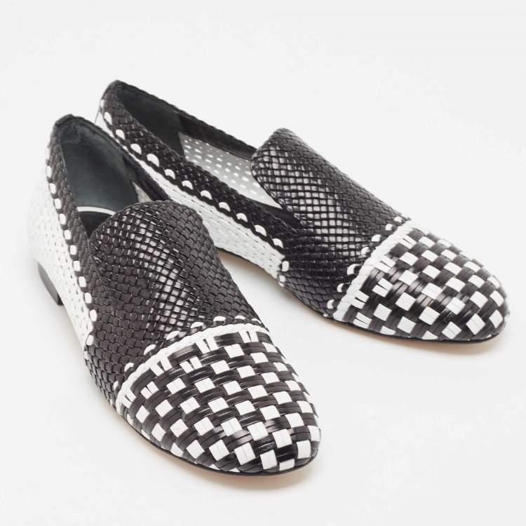 Pre Owned Stuart Weitzman Black/White Woven Leather Riviera Smoking Slippers Size 36