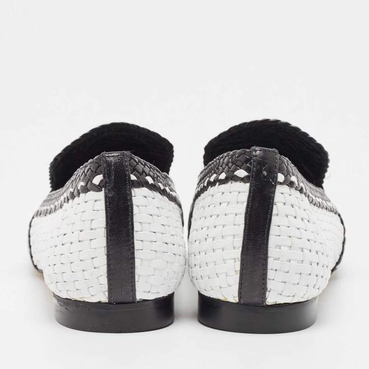 Pre Owned Stuart Weitzman Black/White Woven Leather Riviera Smoking Slippers Size 36