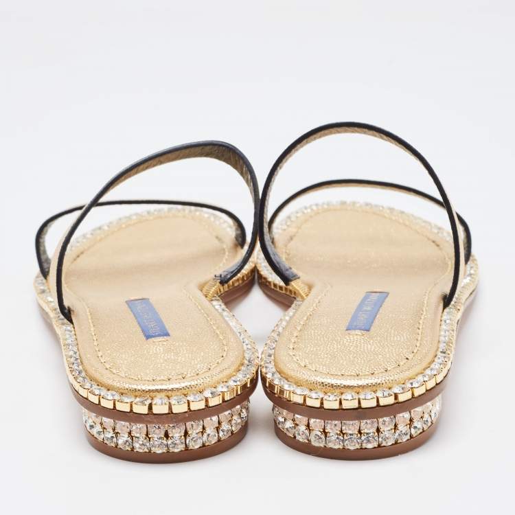 Pre Owned Stuart Weitzman Metallic Gold Leather Embellished Slides Size 40
