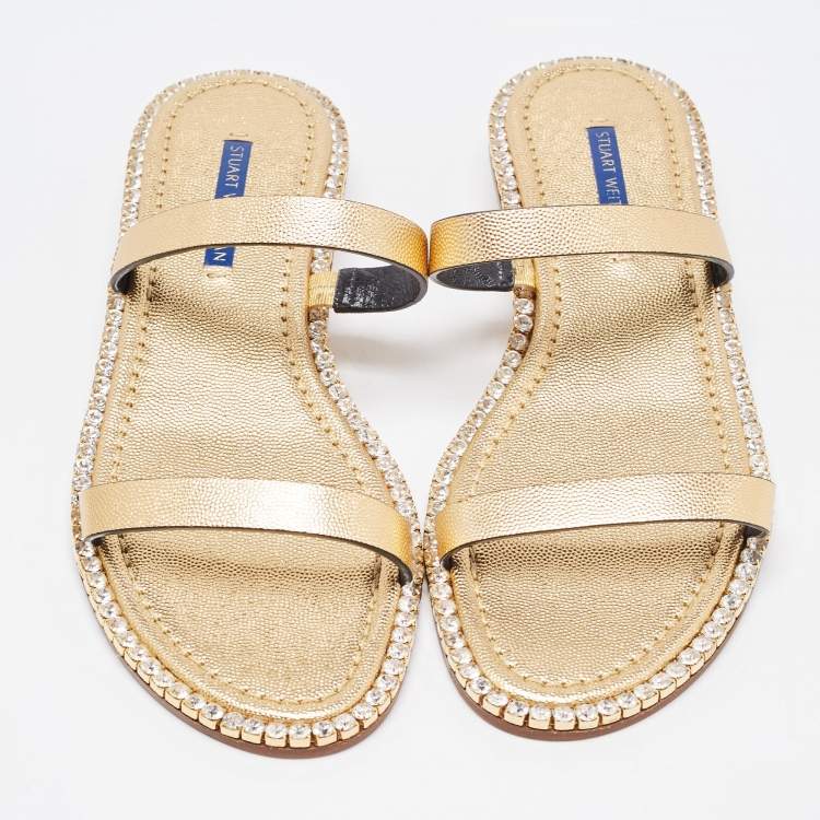 Pre Owned Stuart Weitzman Metallic Gold Leather Embellished Slides Size 40