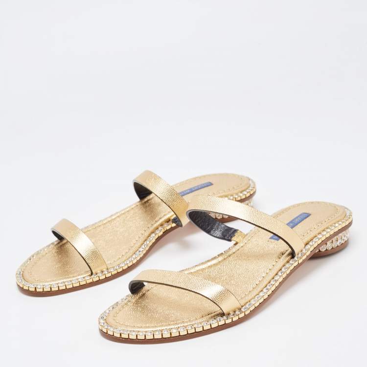 Pre Owned Stuart Weitzman Metallic Gold Leather Embellished Slides Size 40