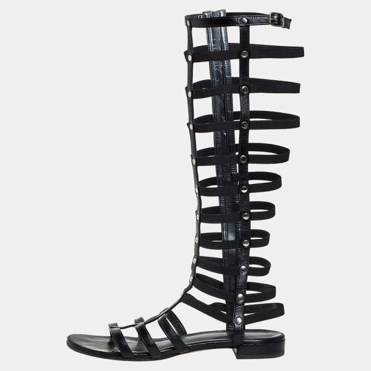 Pre Owned Stuart Weitzman Black Leather and Elastic Gladiator Flat Sandals Size 37.5