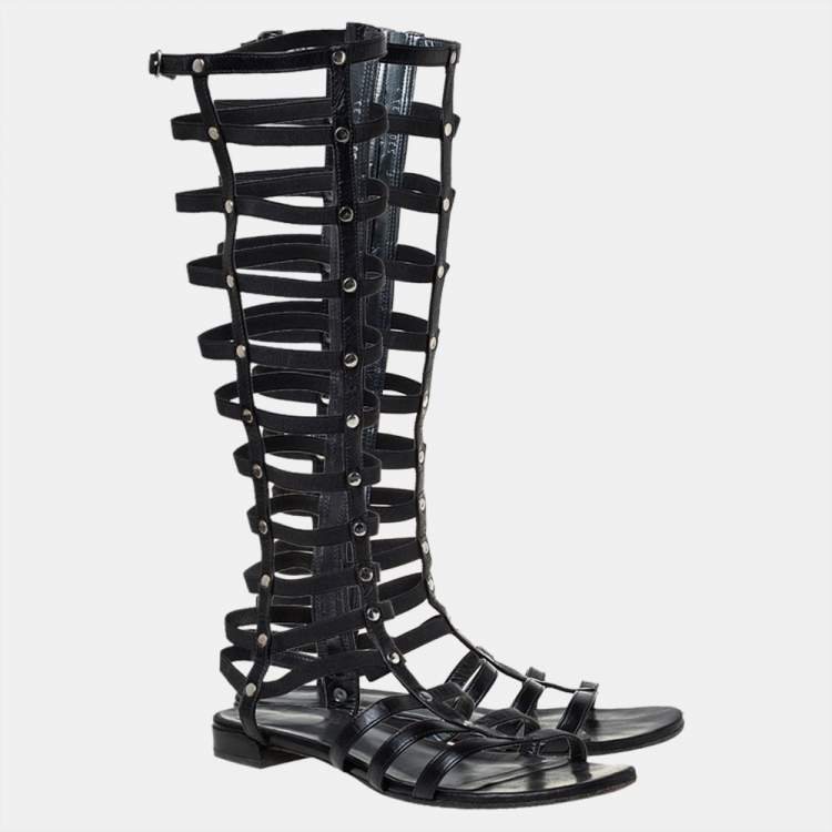 Pre Owned Stuart Weitzman Black Leather and Elastic Gladiator Flat Sandals Size 37.5