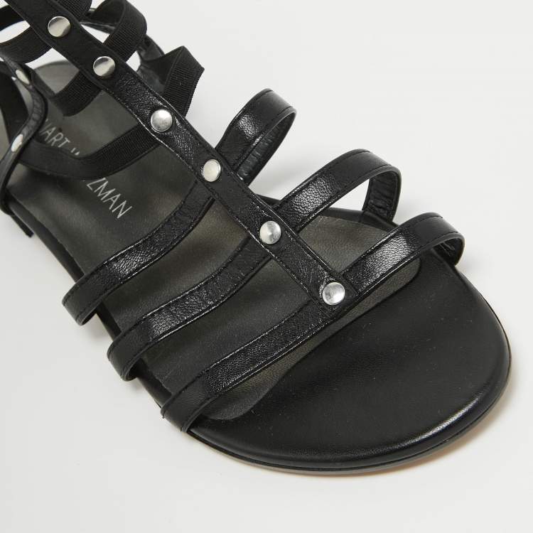Pre Owned Stuart Weitzman Black Leather and Elastic Gladiator Flat Sandals Size 37.5