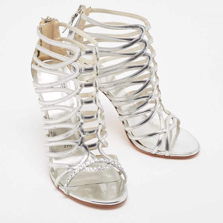 Pre Owned Stuart Weitzman Metallic Silver Leather Crystal Embellished Strappy Sandals Size 39.5