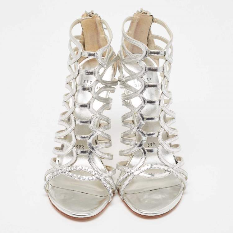 Pre Owned Stuart Weitzman Metallic Silver Leather Crystal Embellished Strappy Sandals Size 39.5