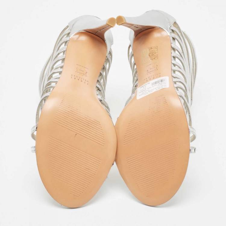 Pre Owned Stuart Weitzman Metallic Silver Leather Crystal Embellished Strappy Sandals Size 39.5