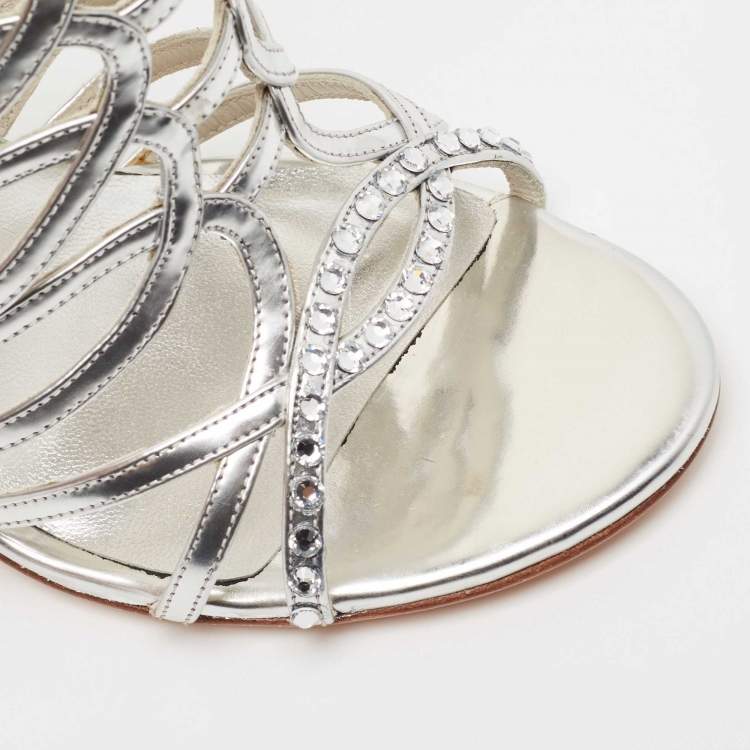 Pre Owned Stuart Weitzman Metallic Silver Leather Crystal Embellished Strappy Sandals Size 39.5