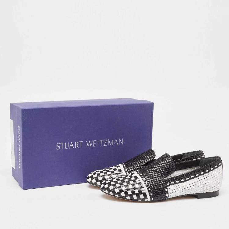 Pre Owned Stuart Weitzman Black/White Woven Leather Riviera Smoking Slippers Size 36