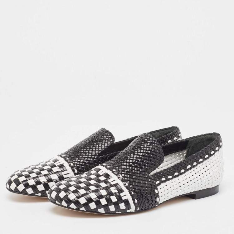 Pre Owned Stuart Weitzman Black/White Woven Leather Riviera Smoking Slippers Size 36