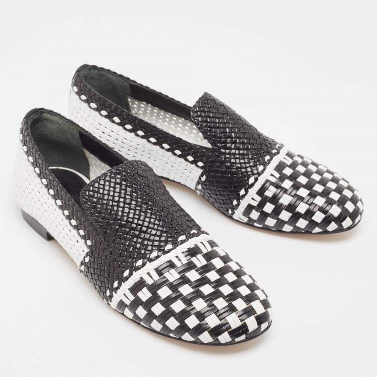 Pre Owned Stuart Weitzman Black/White Woven Leather Riviera Smoking Slippers Size 36