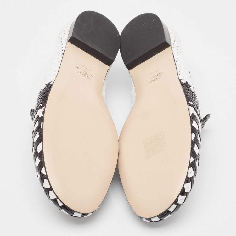 Pre Owned Stuart Weitzman Black/White Woven Leather Riviera Smoking Slippers Size 36