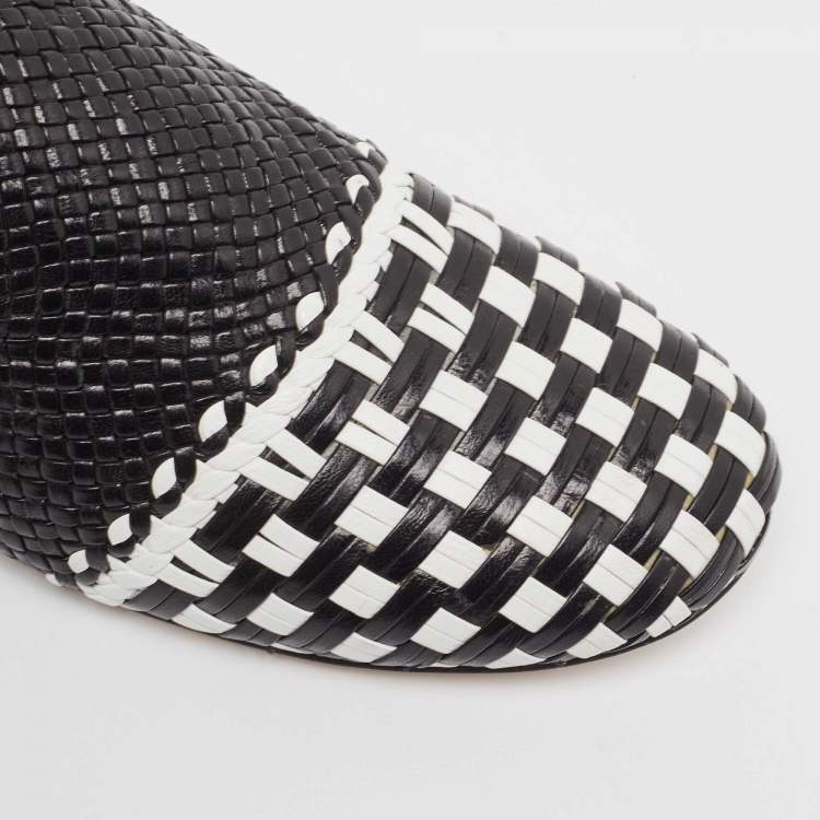 Pre Owned Stuart Weitzman Black/White Woven Leather Riviera Smoking Slippers Size 36