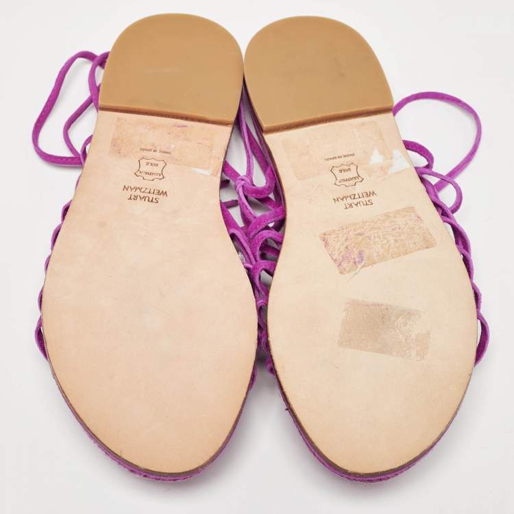 Pre Owned Stuart Weitzman Pink Suede Embellished Lace Up Slide Flats Size 36