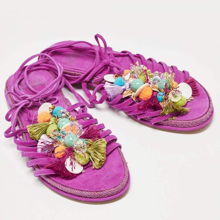 Pre Owned Stuart Weitzman Pink Suede Embellished Lace Up Slide Flats Size 36