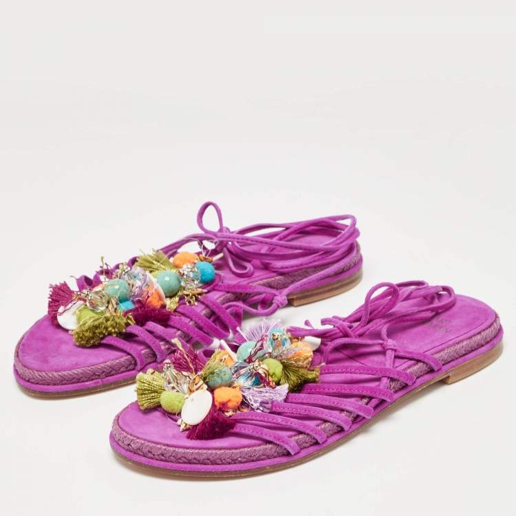 Pre Owned Stuart Weitzman Pink Suede Embellished Lace Up Slide Flats Size 36