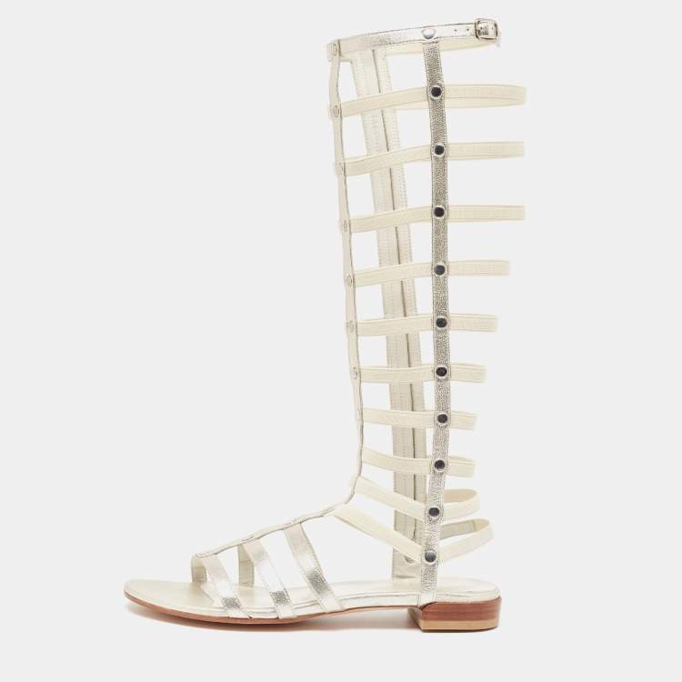 Pre Owned Stuart Weitzman Metallic Leather and Elastic Gladiator Flat Sandals Size 37