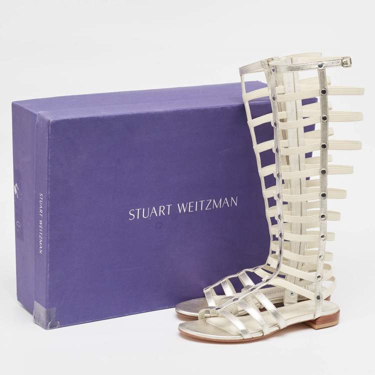 Pre Owned Stuart Weitzman Metallic Leather and Elastic Gladiator Flat Sandals Size 37