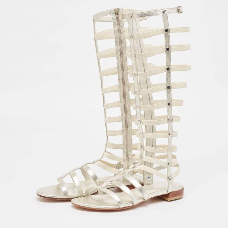 Pre Owned Stuart Weitzman Metallic Leather and Elastic Gladiator Flat Sandals Size 37