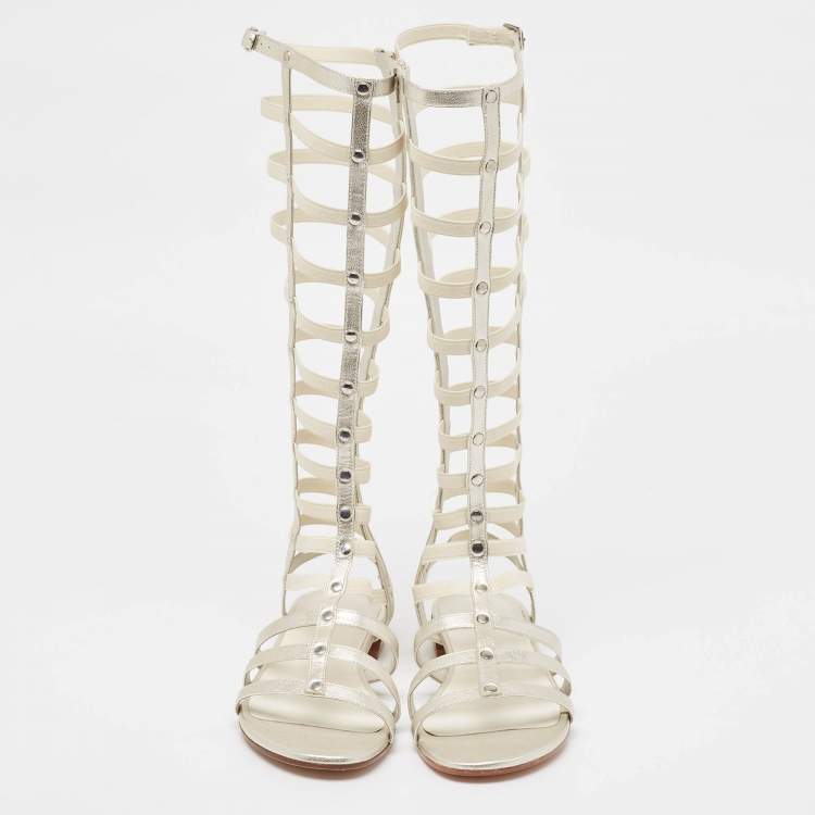 Pre Owned Stuart Weitzman Metallic Leather and Elastic Gladiator Flat Sandals Size 37