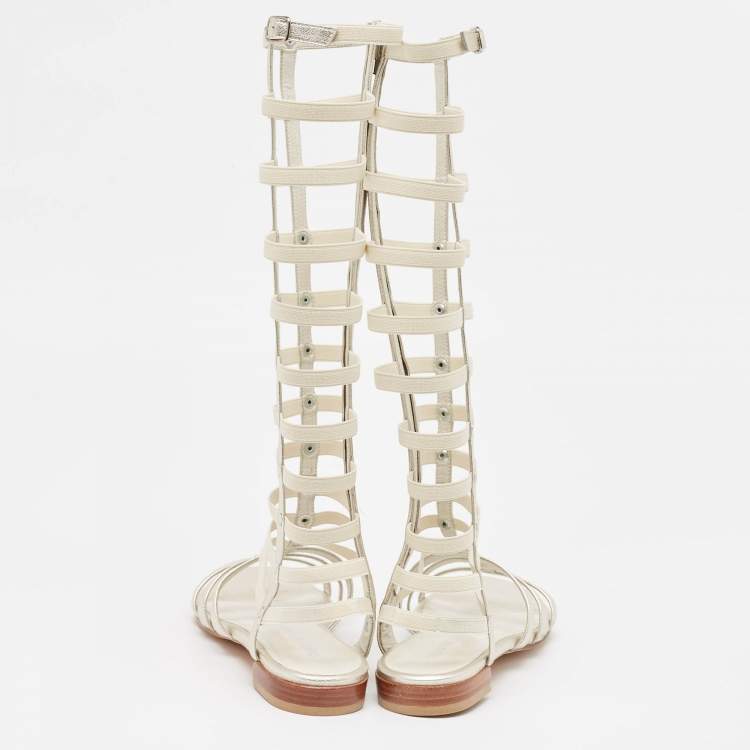 Pre Owned Stuart Weitzman Metallic Leather and Elastic Gladiator Flat Sandals Size 37