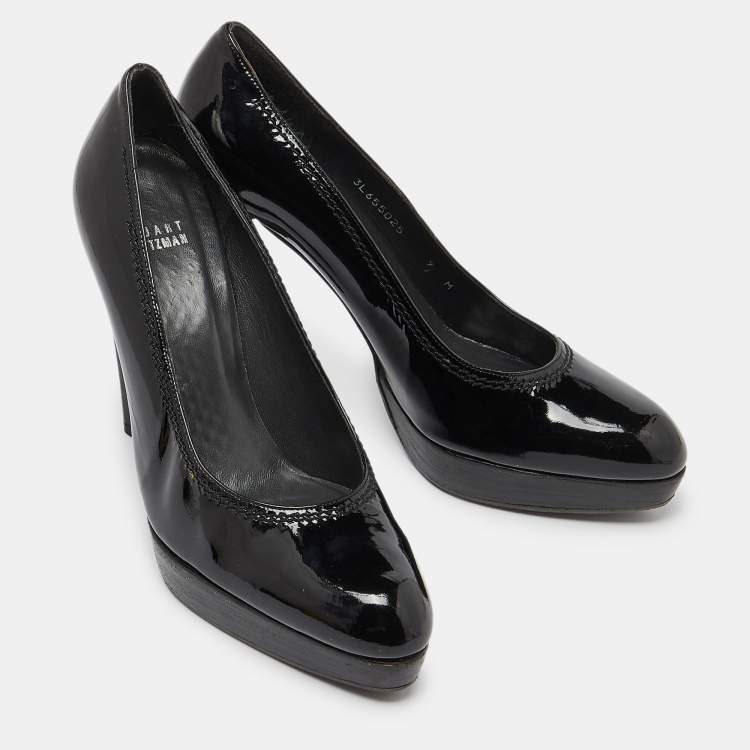 Pre Owned Stuart Weitzman Black Patent Leather Platform Pumps Size 39.5