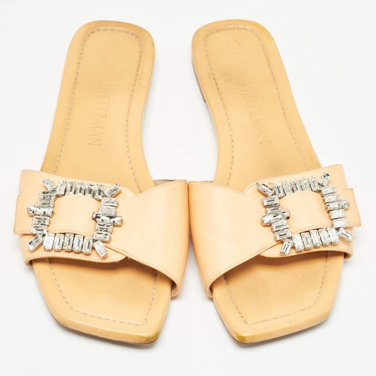 Pre Owned Stuart Weitzman Light Orange Leather Crystal Embellished Shine Buckle Flat Slides Size 40