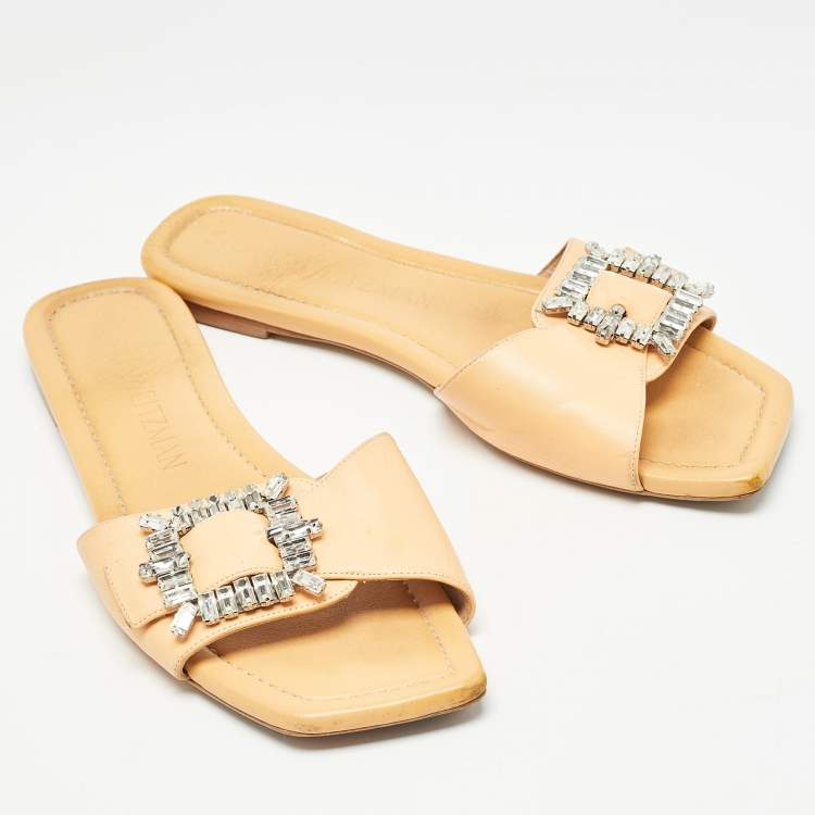 Pre Owned Stuart Weitzman Light Orange Leather Crystal Embellished Shine Buckle Flat Slides Size 40
