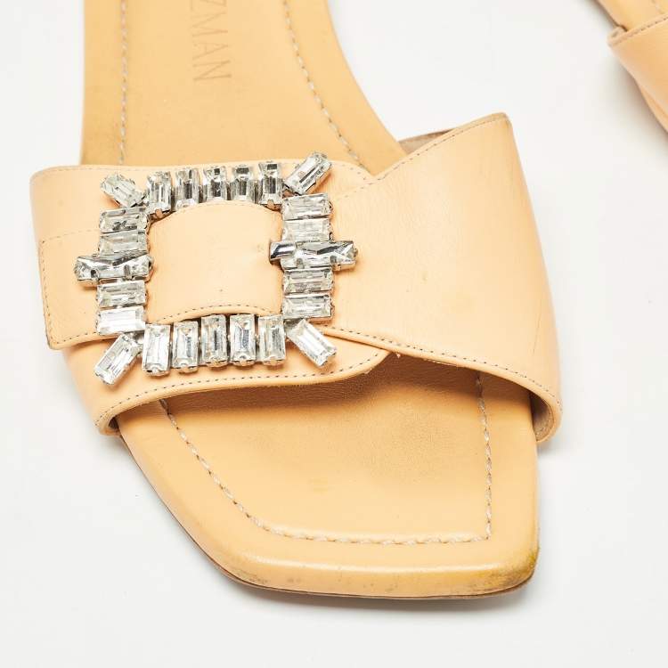 Pre Owned Stuart Weitzman Light Orange Leather Crystal Embellished Shine Buckle Flat Slides Size 40