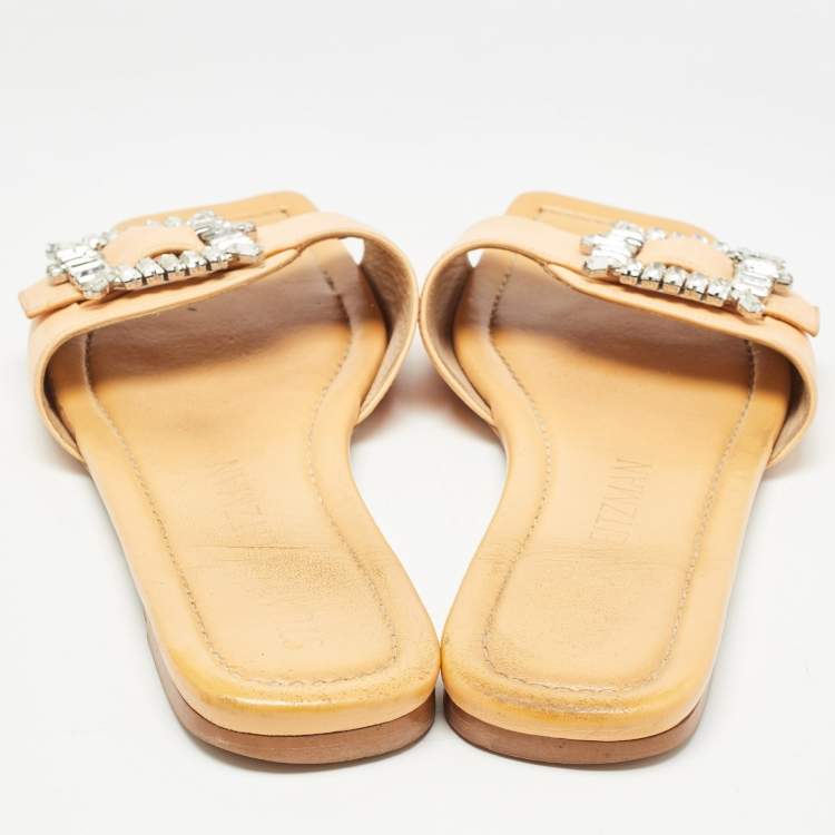 Pre Owned Stuart Weitzman Light Orange Leather Crystal Embellished Shine Buckle Flat Slides Size 40