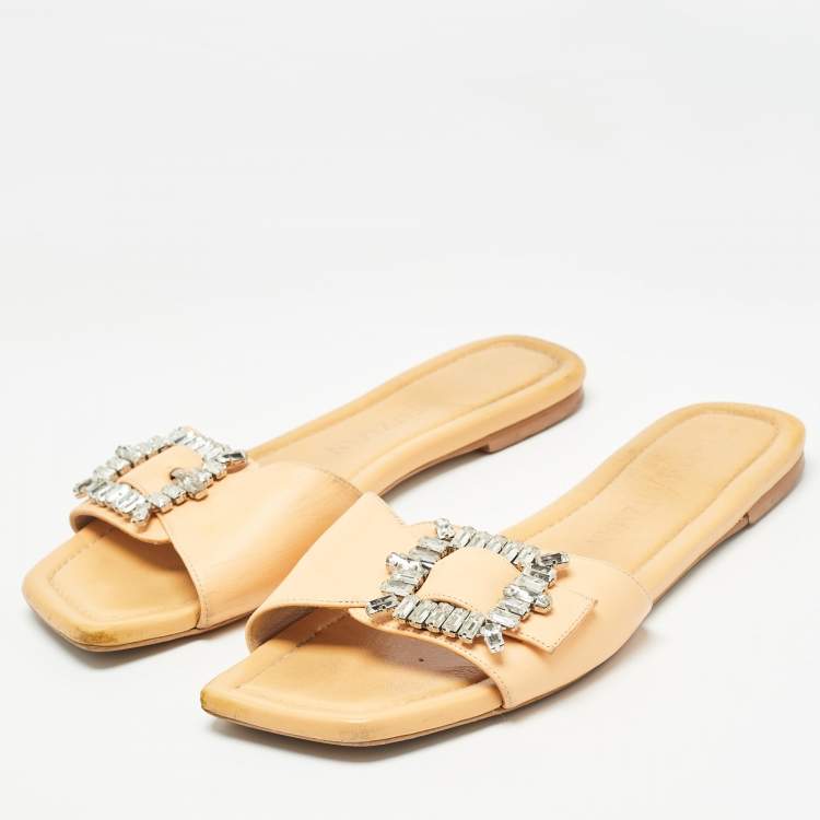 Pre Owned Stuart Weitzman Light Orange Leather Crystal Embellished Shine Buckle Flat Slides Size 40