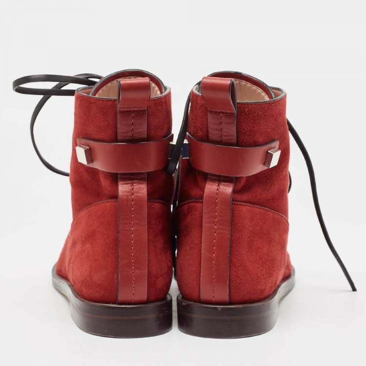 Pre Owned Stuart Weitzman Red Suede and Leather Ankle Boots Size 42.5