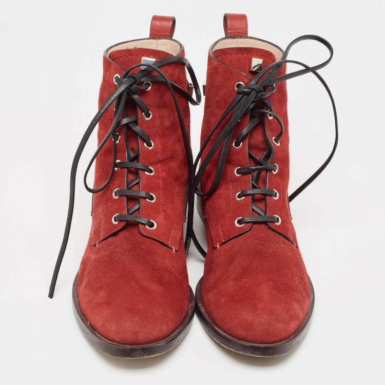 Pre Owned Stuart Weitzman Red Suede and Leather Ankle Boots Size 42.5