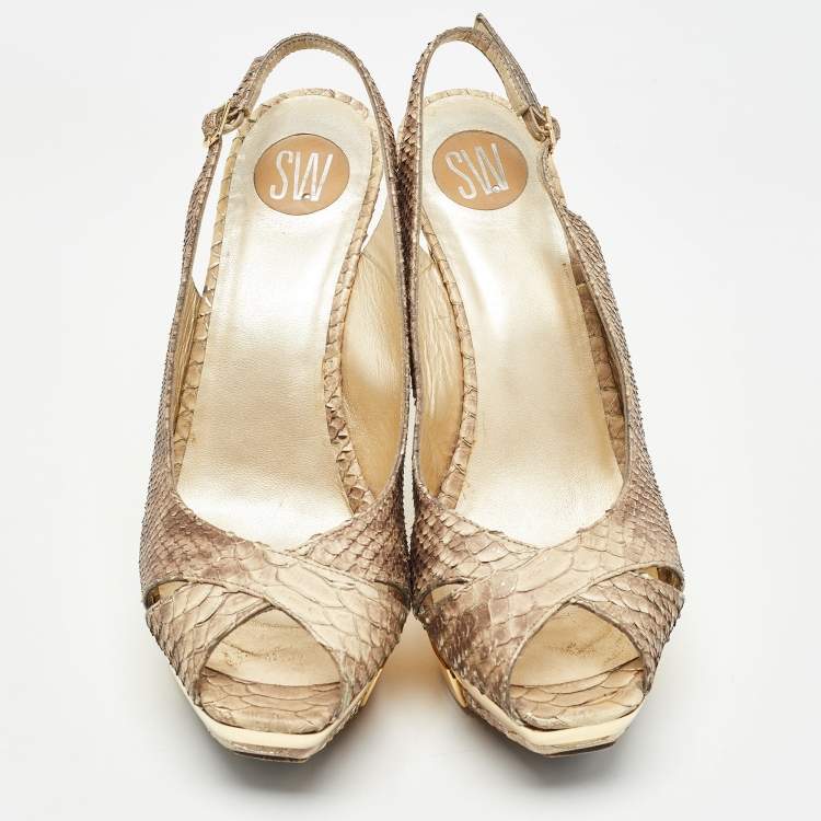 Pre Owned Stuart Weitzman Beige Python Embossed Leather  Slingback Pumps Size 38.5  