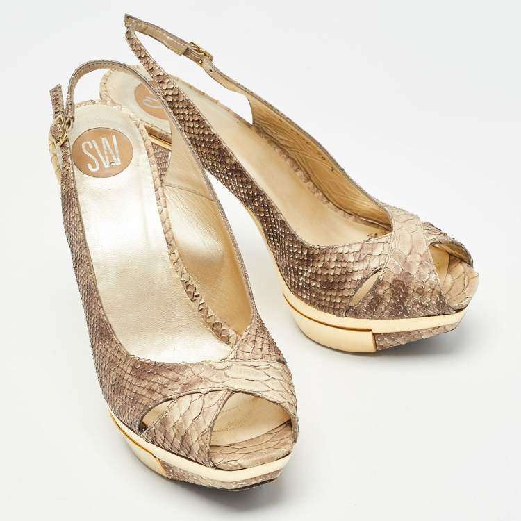 Pre Owned Stuart Weitzman Beige Python Embossed Leather  Slingback Pumps Size 38.5  